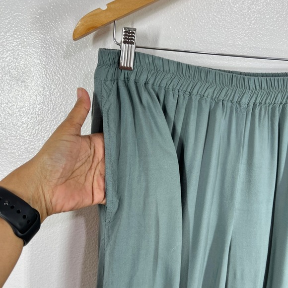Novica Rayon Crop Pants Elastic Waist Lace Hem Pockets Relaxed Casual Green XL - Picture 5 of 10